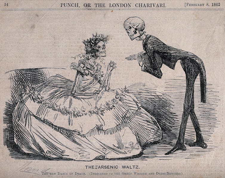 The Punch Magazine satirical comic from 1862 featuring a skeleton in a dress curtseying to a skeleton in a suit, who is bowing.