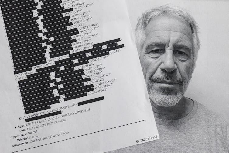 printed files with many redactions, and Jeffrey Epstein's face