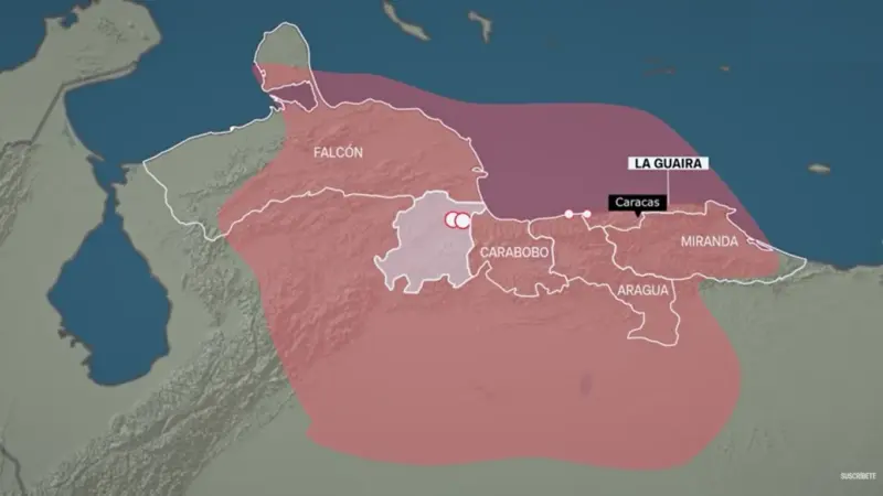 Map of the earthquakes’ impact across seven Venezuelan states, highlighting Ground Zero: La Guaira. Screenshot taken from the YouTube video “¿Por qué ha temblado Venezuela? La falla geológica que pone en riesgo todo el Caribe” by El Confidencial. Fair use.