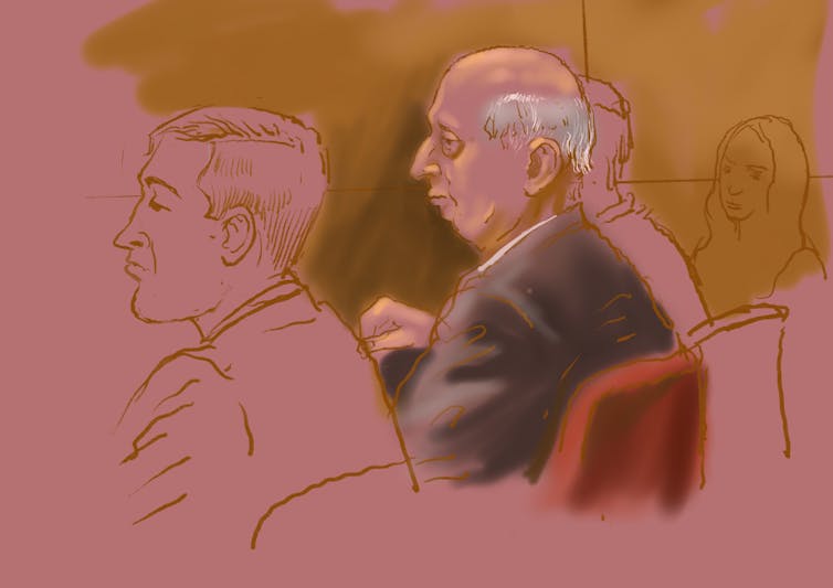 A courtroom sketch of Alan Jones on the first morning of his trial.