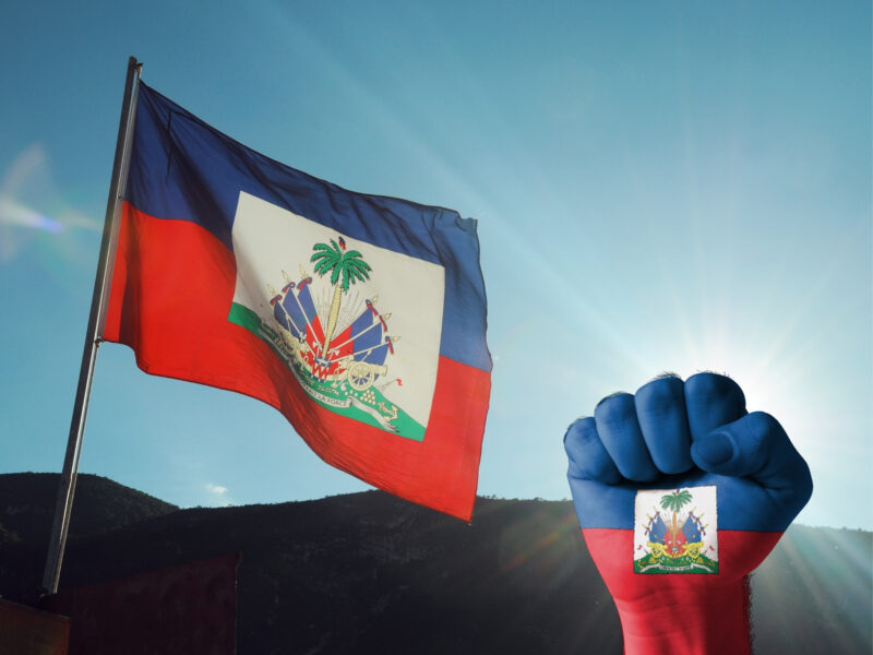 Feature image of a Haitian flag and fist raised in resistance created using Canva Pro elements. 