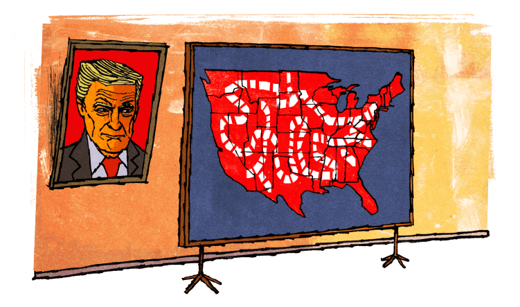 An illustration features a framed portrait of a man in a suit on the left hanging next to a large display board showing a red map of the United States crisscrossed with white dotted paths.