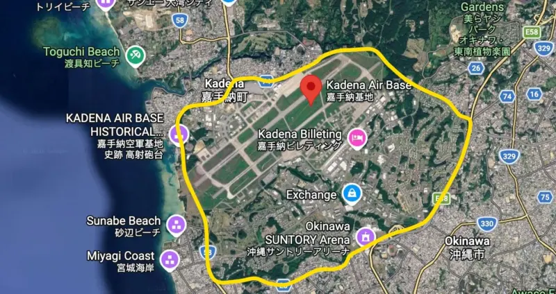 A satellite screenshot of the U.S.’s Kadena Air Force Base, with the rough estimate of the base territory outlined in yellow. Fair use.