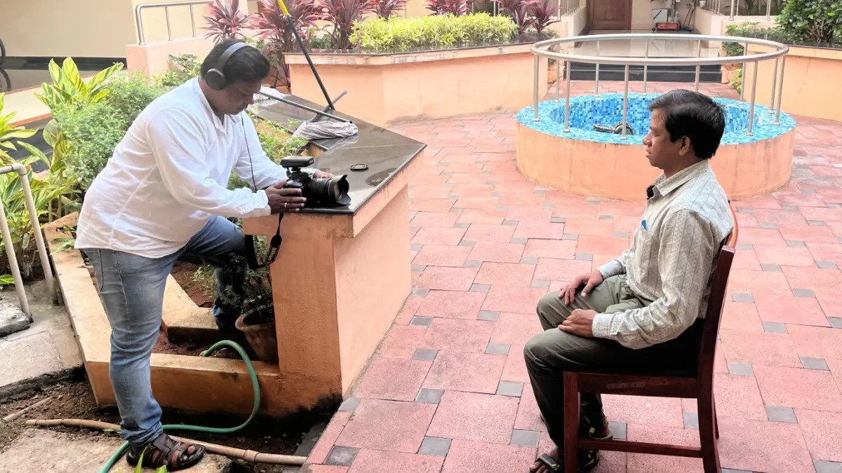 Kshetrabasi Juang being interviewed by Opino Gomango in Mysore, India
