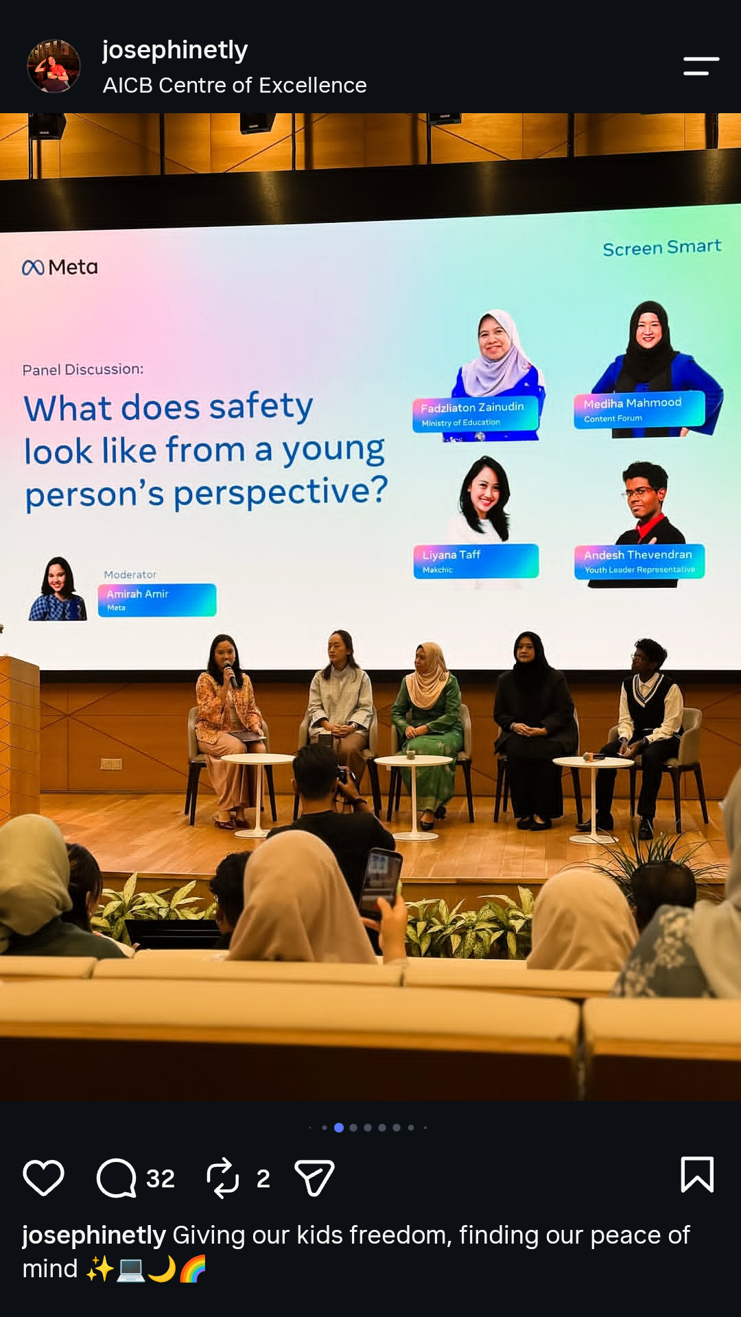 A panel discussion titled "What does safety look like from a young person's perspective?" with five speakers seated in front of a screen showing the event details