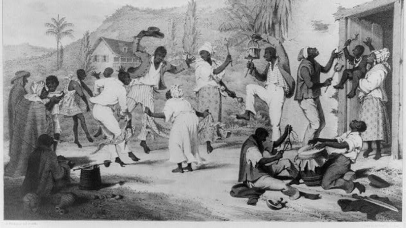 Negro dance / R. Bridgens del et lith. ; Day & Haghe lithrs. to the King. Image of lithograph showing Afro-Trinidadians playing music and dancing via the Library of Congress. Public domain.