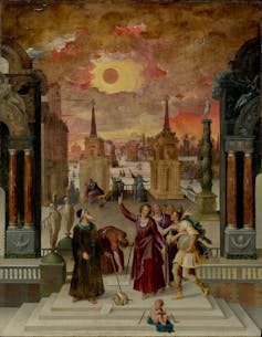 Painting of a man gesturing to the sky, where the Moon is covering the Sun.
