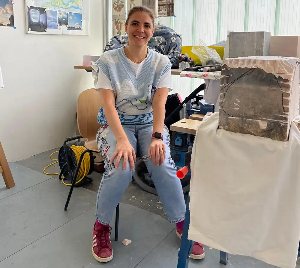 Lebanese-British artist, Amale Khlat, in her studio in London. Photo: courtesy of the artist. 