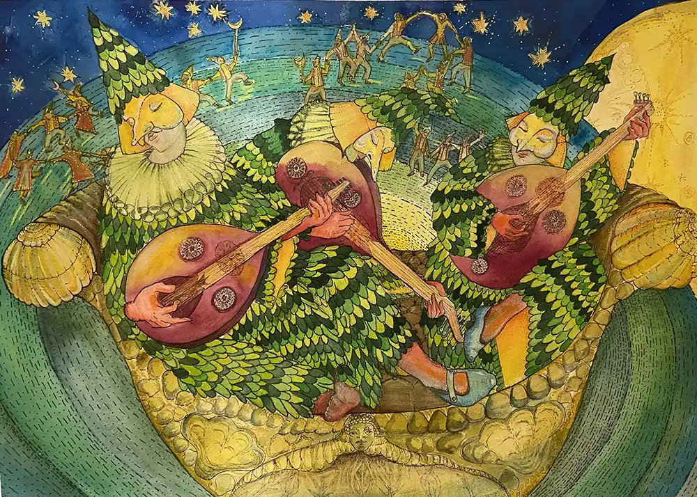 Fishing on a Tridacna Cosmetic-Vessel, 2023. 34 x 49 cm, watercolour and archival ink on Arches paper 300gm