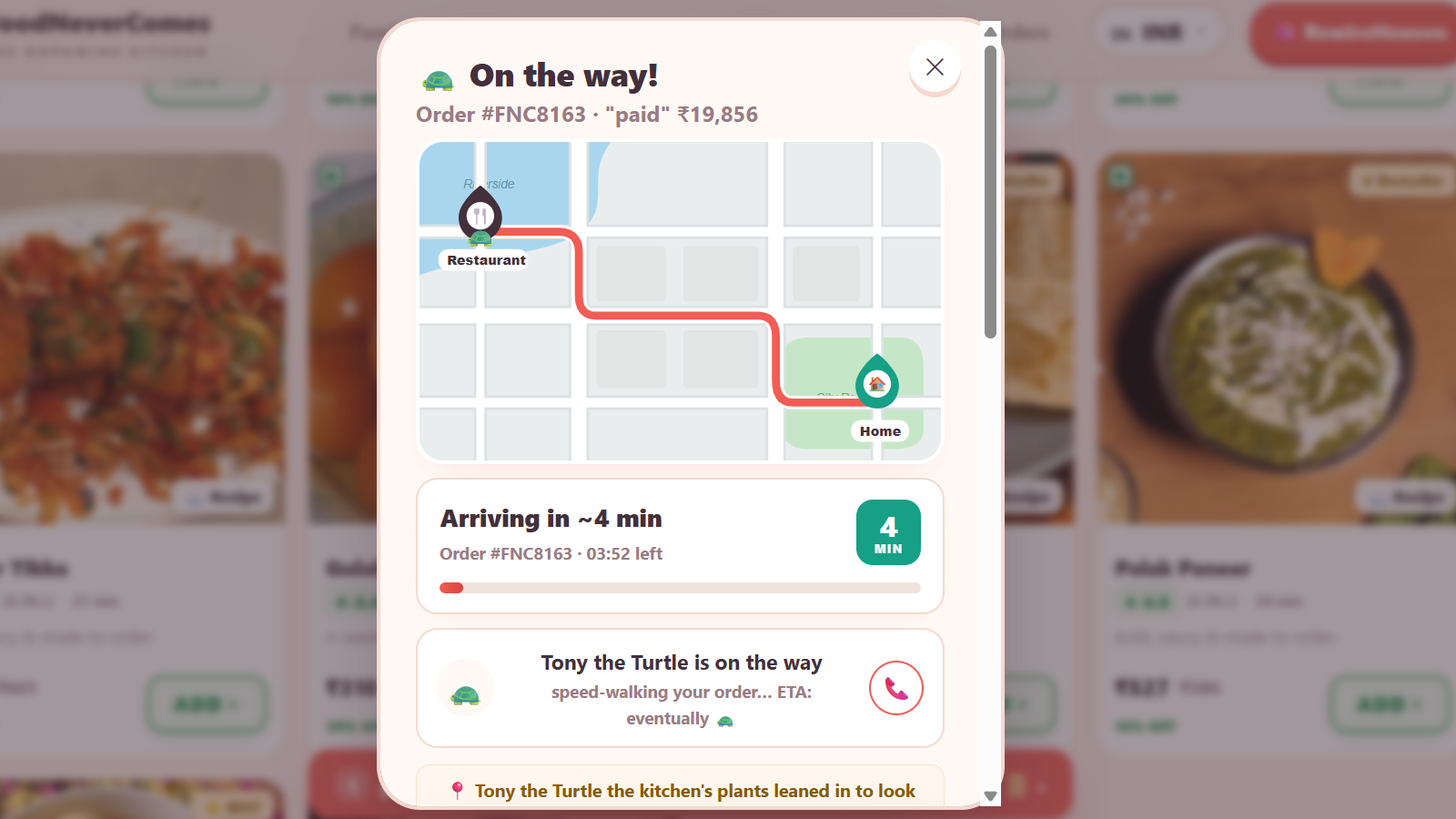 Delivery app interface showing a map with a route from a restaurant to home, indicating a 4-minute arrival time