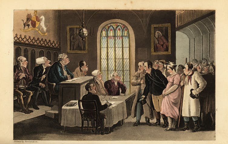 An engraving of a court case for bigamy