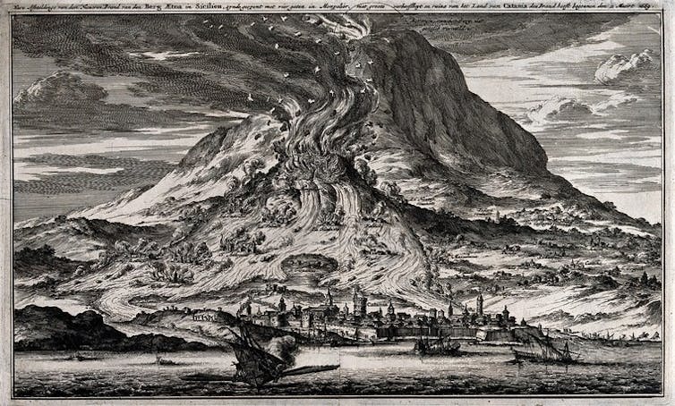 A black and white  etching of the eruption of Mount Etna in AD1669.
