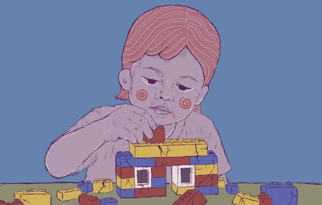 Illustration of a child playing with broken lego sets, imitating the cracks of the earthquake. 