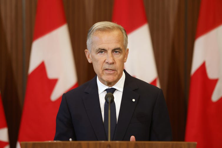 A man with short grey hair in front of a row of Canadian flags.