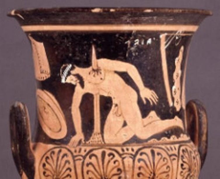 A Greek vase showing a man falling on his own sword.