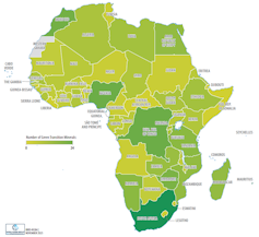 A map of Africa with countries shaded from light green to dark green depending on how many green transition minerals each has.