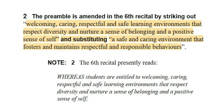 A text saying the preamble is amended to strike out 'welcoming, caring, respectful and safe learning environments that respect diversity and nurture a sense of belonging and a positive sense of self' and substituting 'a safe and caring environment that fosters and maintains respectful and responsible behaviours.'