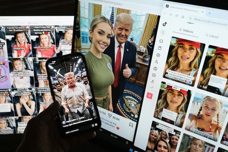 Several images of a man and woman appear on social media feeds.