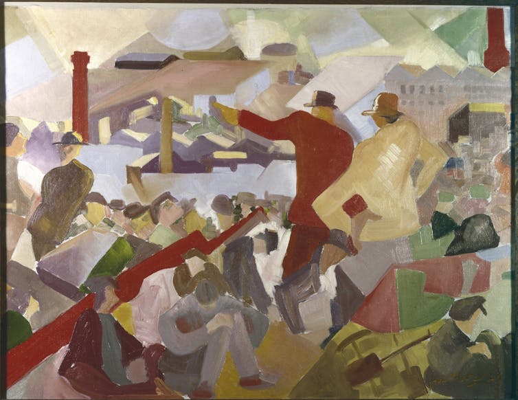 Expressionist painting depicting a crowd of stylised geometric human figures