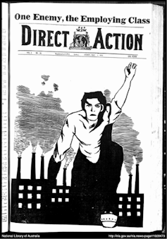 Drawing of a woman raising her arm with smoking factory chimneys in the background