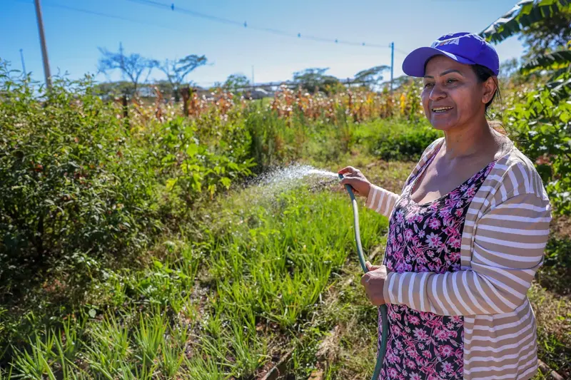 Nasaré Francisca da Silva waters crops at Floresta da Nasaré, in Ceilândia, her agroforestry project that emerged from a rubbish tip (Image: Fabio Pozzebom / Dialogue Earth)