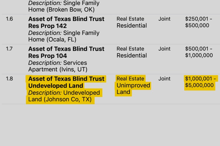 A close-up screenshot of a financial disclosure document highlighting a joint asset listed as undeveloped land in Johnson County, Texas, valued between $1,000,001 and $5,000,000.