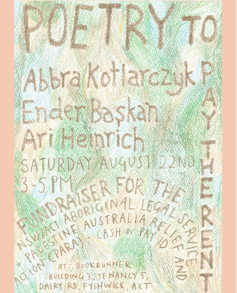 A poster for Poetry to Pay the Rent: names against a green and brown-pink colour scheme.