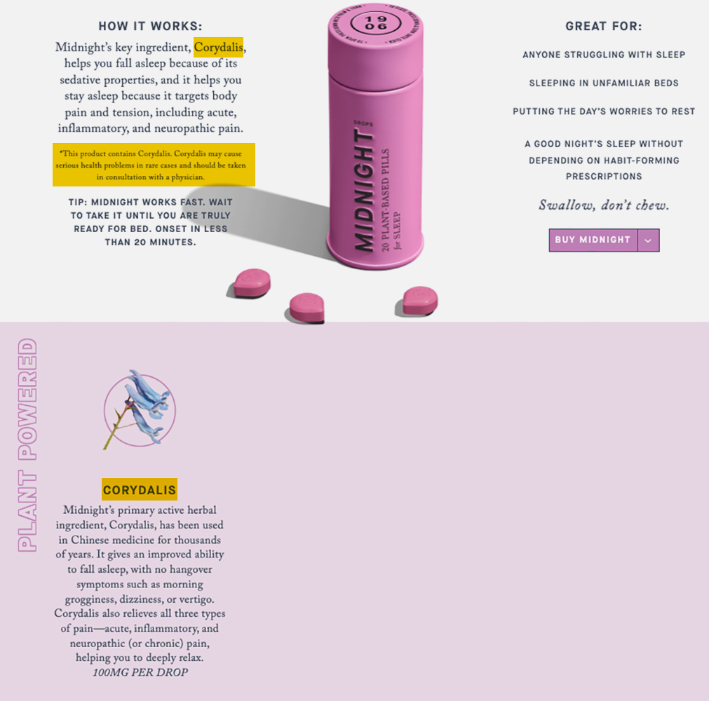 A website screenshot showing a pink tubular container with the label “Midnight: 20 plant-based pills for sleep.” Text surrounding the container describes the main herbal ingredient as corydalis.