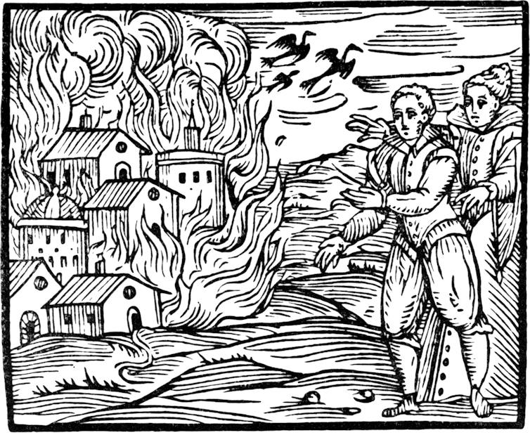Engraving showing a burning village with people looking on