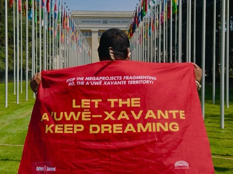 An Indigenous person carries a flag for the campaign in front of the UN office