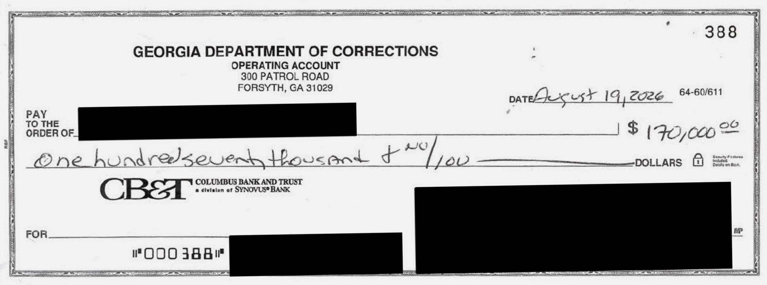 A check from the Georgia Department of Corrections dated Aug. 19, 2026, for $170,000. The recipient, account number and signature are redacted with black boxes.