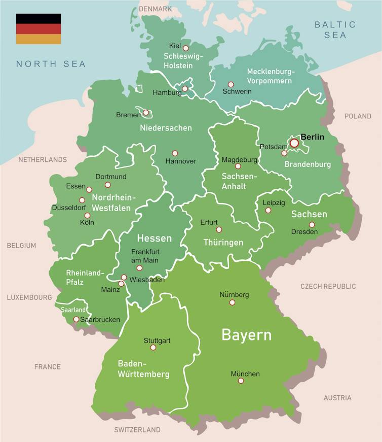 A map of Germany showing the boundaries of its states.