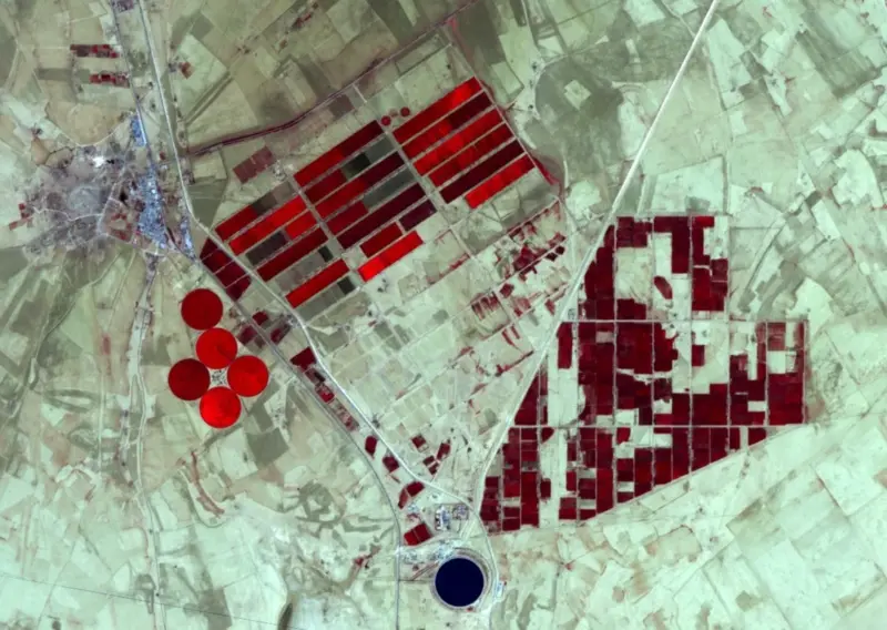 Satellite view of the Grand Omar Mukhtar reservoir project south of Benghazi in Cyrenaica (Barqa), eastern Libya.