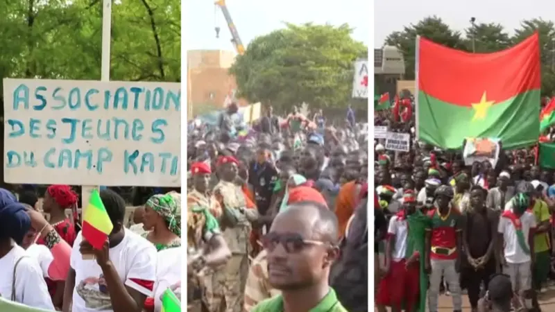 Demonstrations in the Sahel: (left) Mali, (center) Niger, and (right) Burkina Faso.