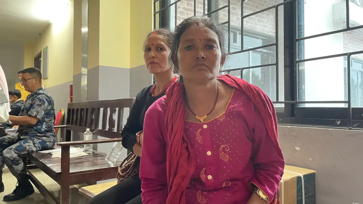 Tara Devi Tamang and others waiting for relief and basic needs provided in Bidur Municipality Office, Nuwakot District. Image via Susmita Aryal