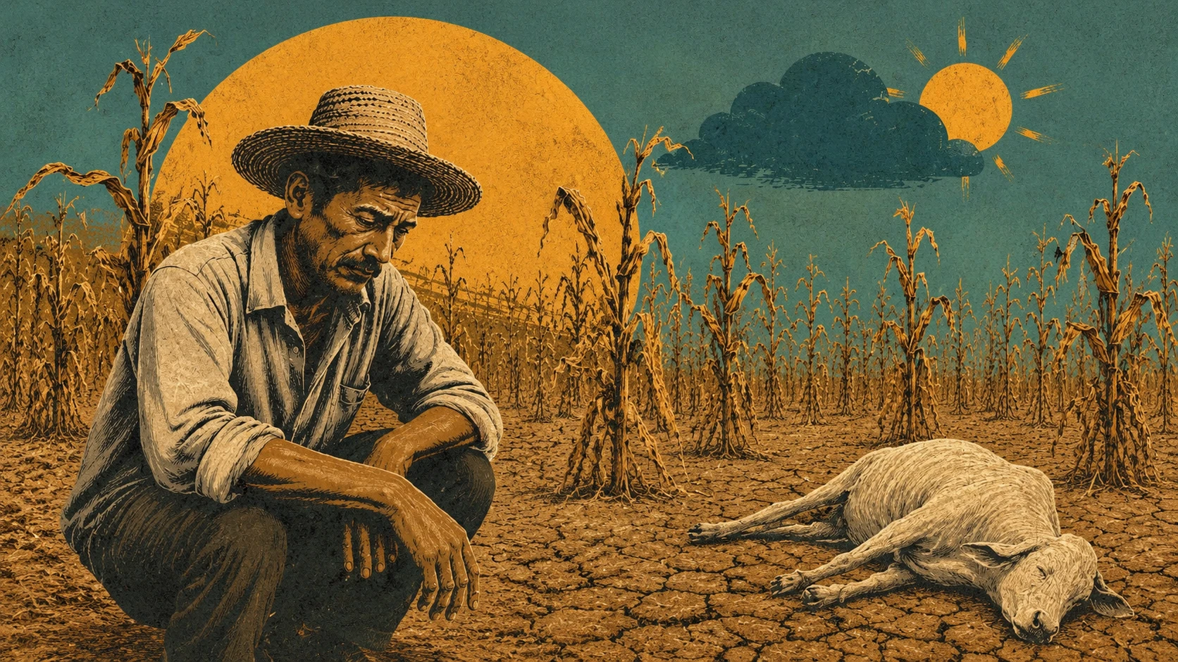A man in a deserted landscape with a dead sheep, and a bright sun in the back, showing a heated and dry environment. Illustration made by Connectas. Used with permission. 