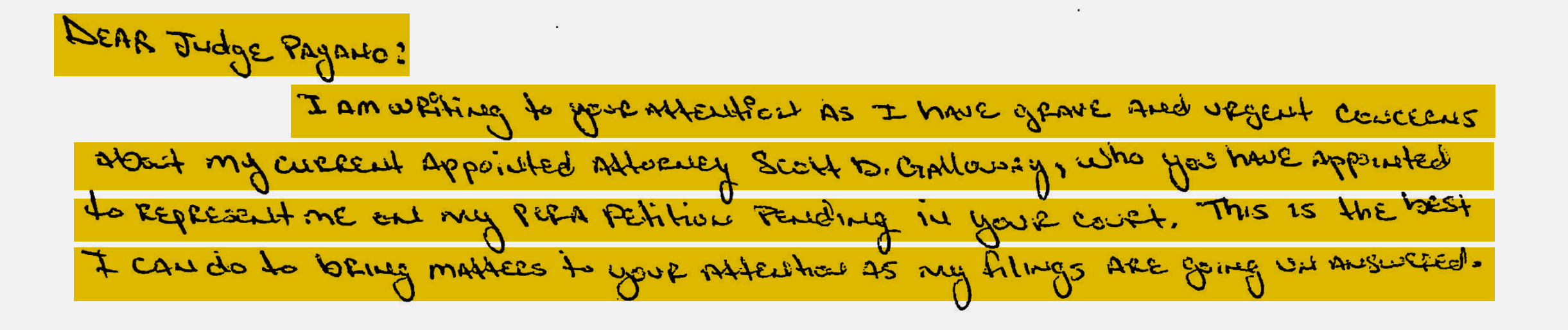 A highlighted quotation shows the first few lines of a handwritten letter from an incarcerated man to judge.