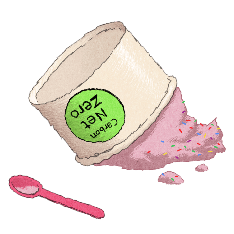 An overturned paper cup with a green label reading “Carbon Net Zero,” spilling pink ice cream topped with rainbow sprinkles next to a small pink spoon.