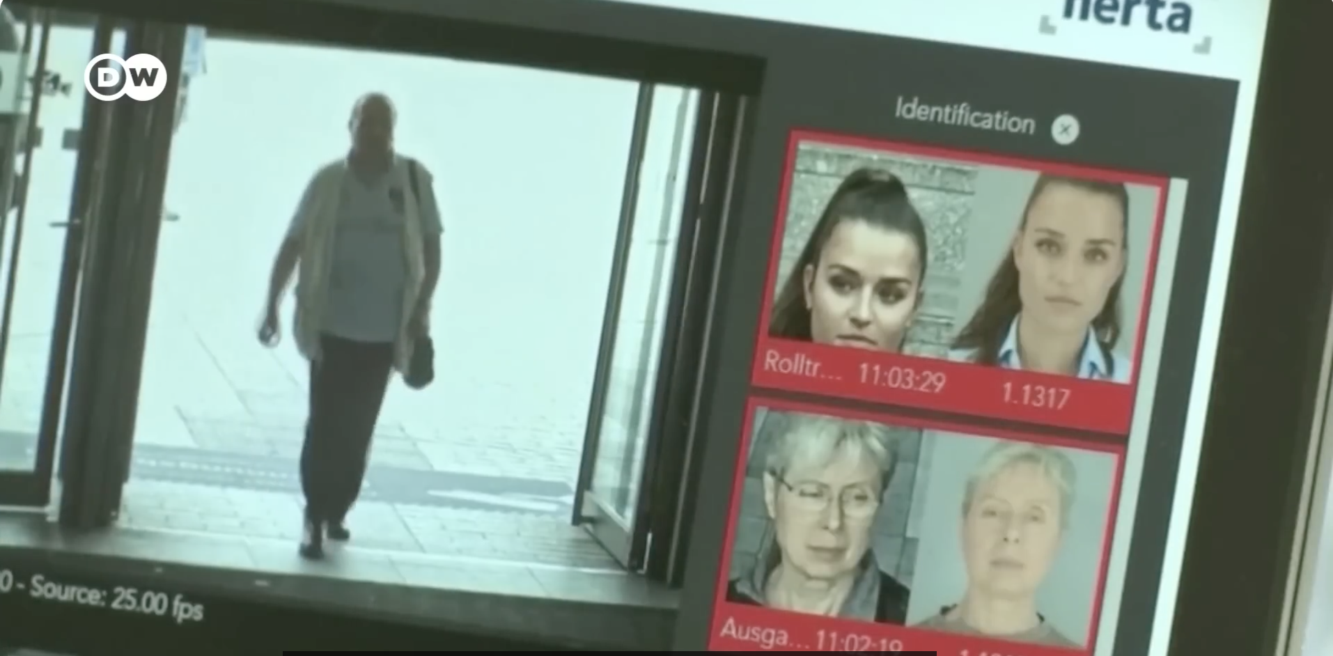 Moscow subway cameras are connected to a facial recognition system. Screenshot taken from the YouTube video “Facial recognition cameras help detain dissidents in the Moscow metro” by the DW YouTube channel; fair use. 