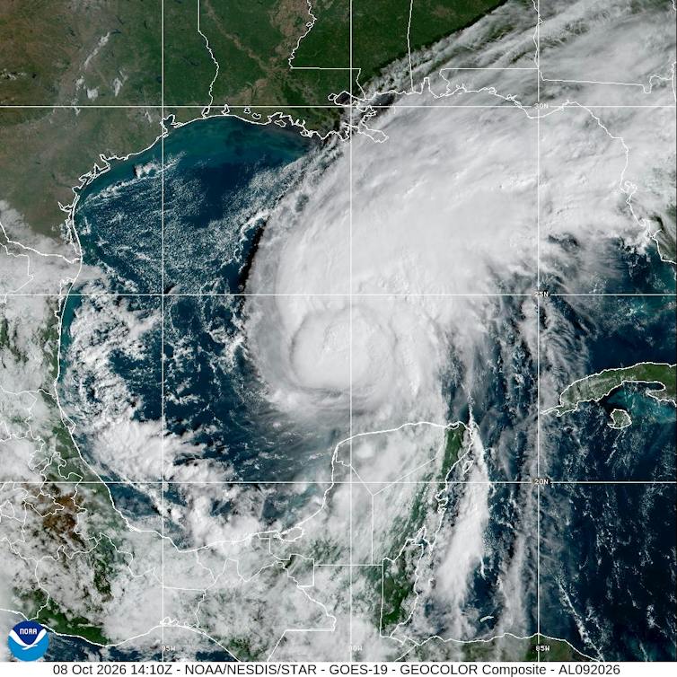 Hurricane Isaias moves through the central Gulf of Mexico. Most of its rain bands are to the northeast of the hurricane's eye.