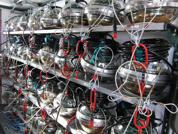 A unit of shelving containing rows of circular sensor modules.