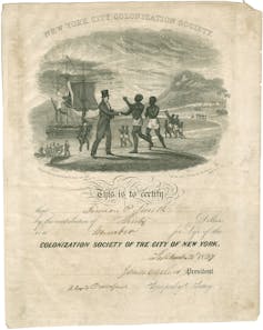 A certificate of membership to the New York City Colonization Society