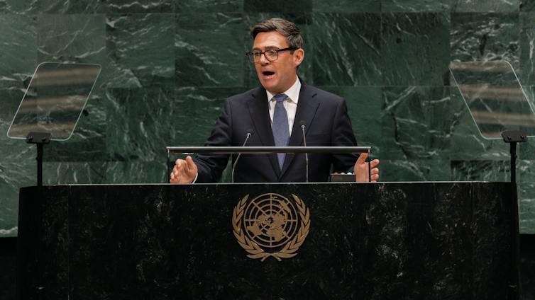 Andy Burnham delivering a speech to the UN General Assembly in New York.