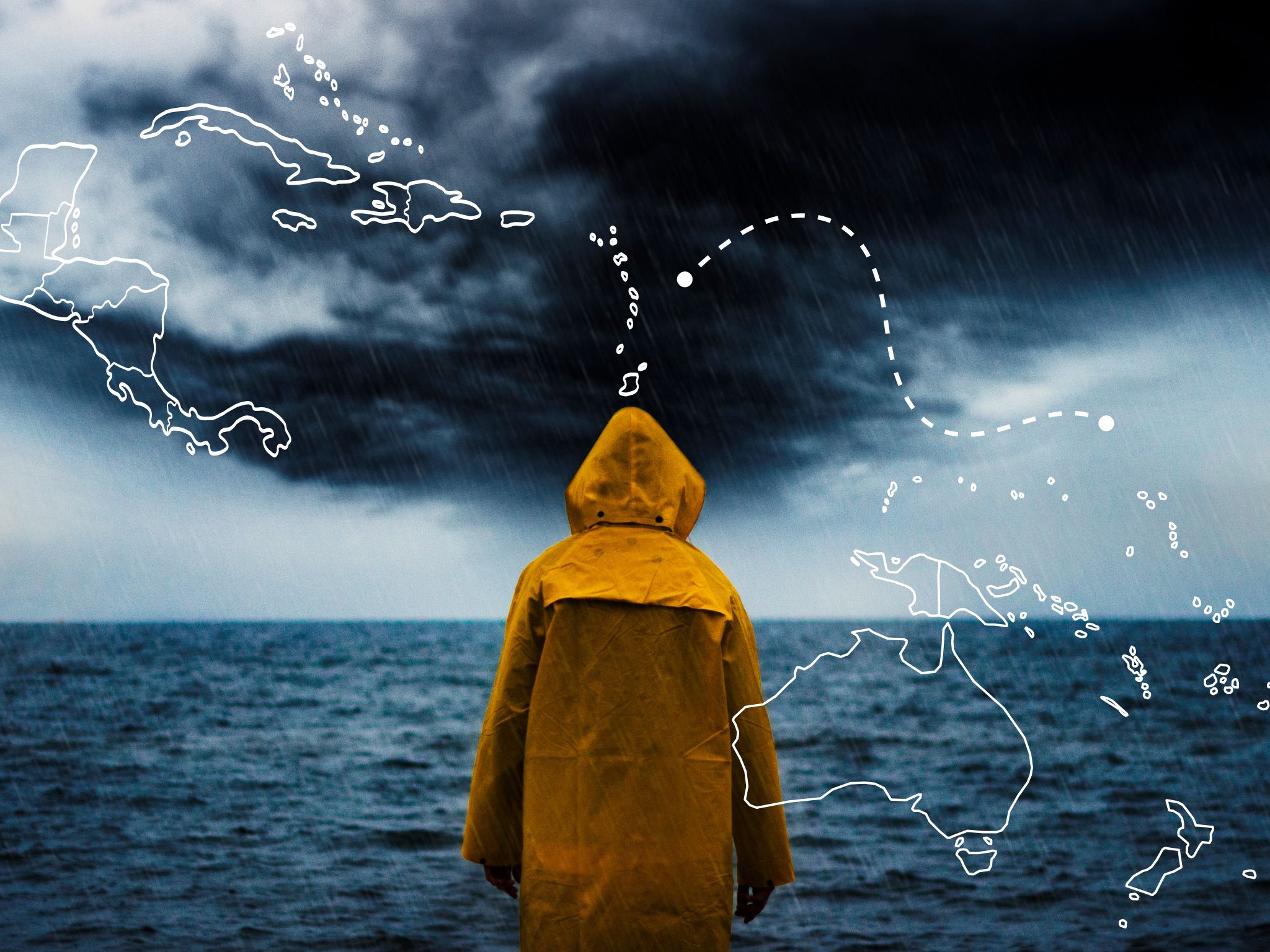 Maps of Oceania and the Caribbean over the image of a young person looking at a storm brewing on the horizon.